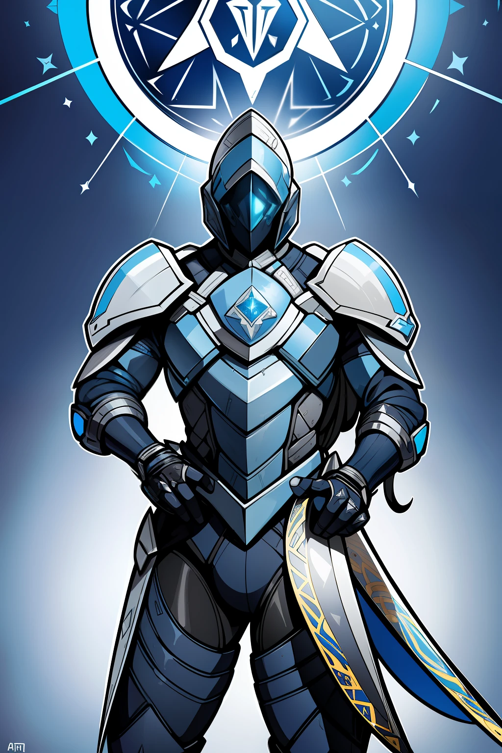 close up de um desenho de um homem com uma grande armadura azul e branca segurando uma bola de cristal, Fanart de Destiny, armadura medieval, placas, cota de placas, Sigma de Overwatch, arte conceitual intocada, pale blue armor, homem com armadura, corpo masculino, Eco de Overwatch, armadura azul e prata gelo, arte do destino, mago de gelo, arte de personagens de videogame, bela arte conceitual de corpo inteiro, arte conceitual arcana, Warframe Destiny Fanart