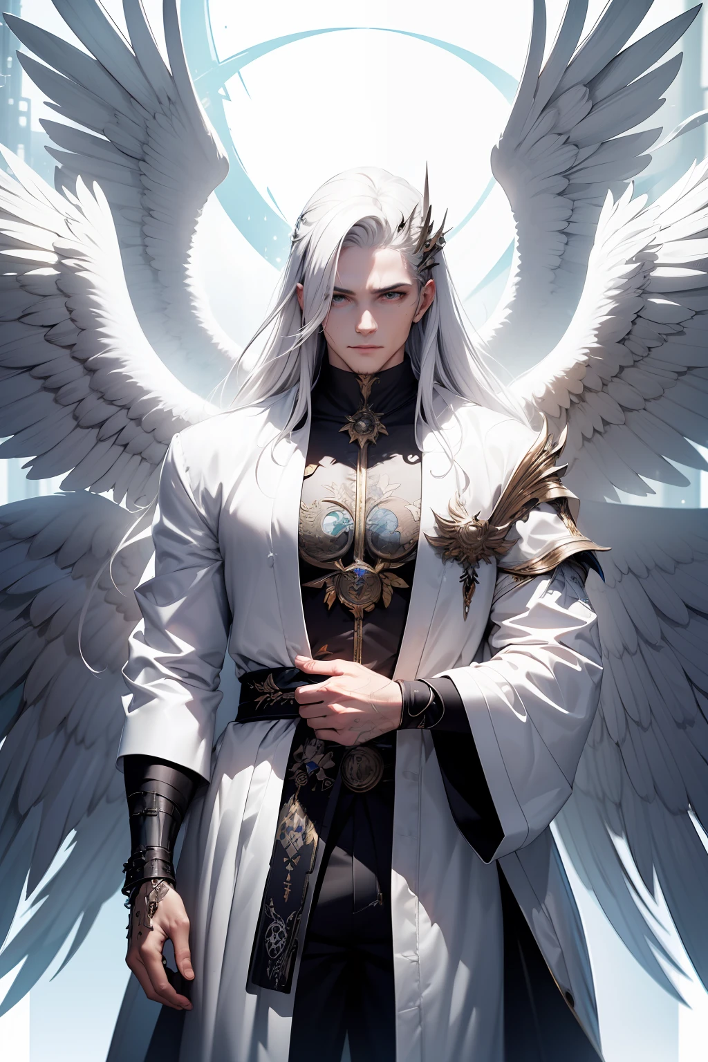 Masterpiece), (Best Quality), (Complex Detail), HDR, 1man, detailed face, wind god, white robe, angel, long white hair, silver sword, big wings, detailed face, (cyberpunk), Science fiction