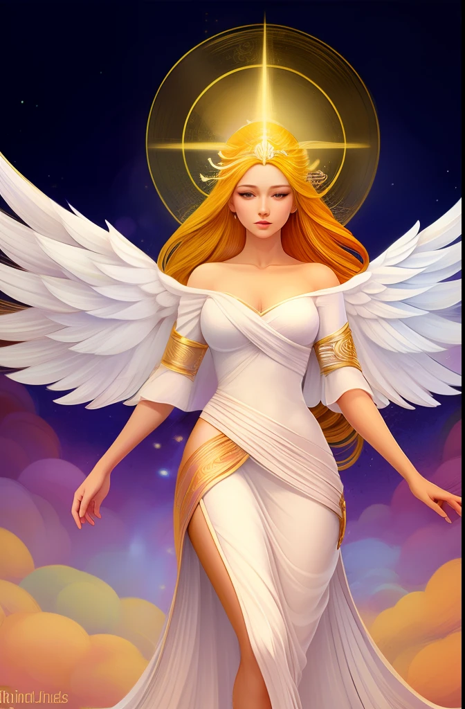 (ethereal)+, (graceful)+, (divine)+, (radiant)+, a celestial being with flowing white robes and shimmering wings, a serene expression on her face, golden halo glowing above her head, surrounded by a soft glow of light, delicate features and a gentle demeanor, conveying a sense of peace and purity, inspiring awe and wonder in those who behold her presence ，coils， illustration， dream