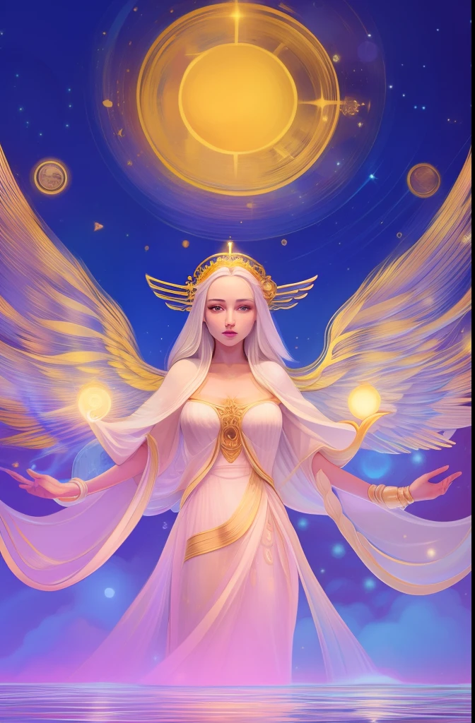 (ethereal)+, (graceful)+, (divine)+, (radiant)+, a celestial being with flowing white robes and shimmering wings, a serene expression on her face, golden halo glowing above her head, surrounded by a soft glow of light, delicate features and a gentle demeanor, conveying a sense of peace and purity, inspiring awe and wonder in those who behold her presence ，coils， illustration， dream