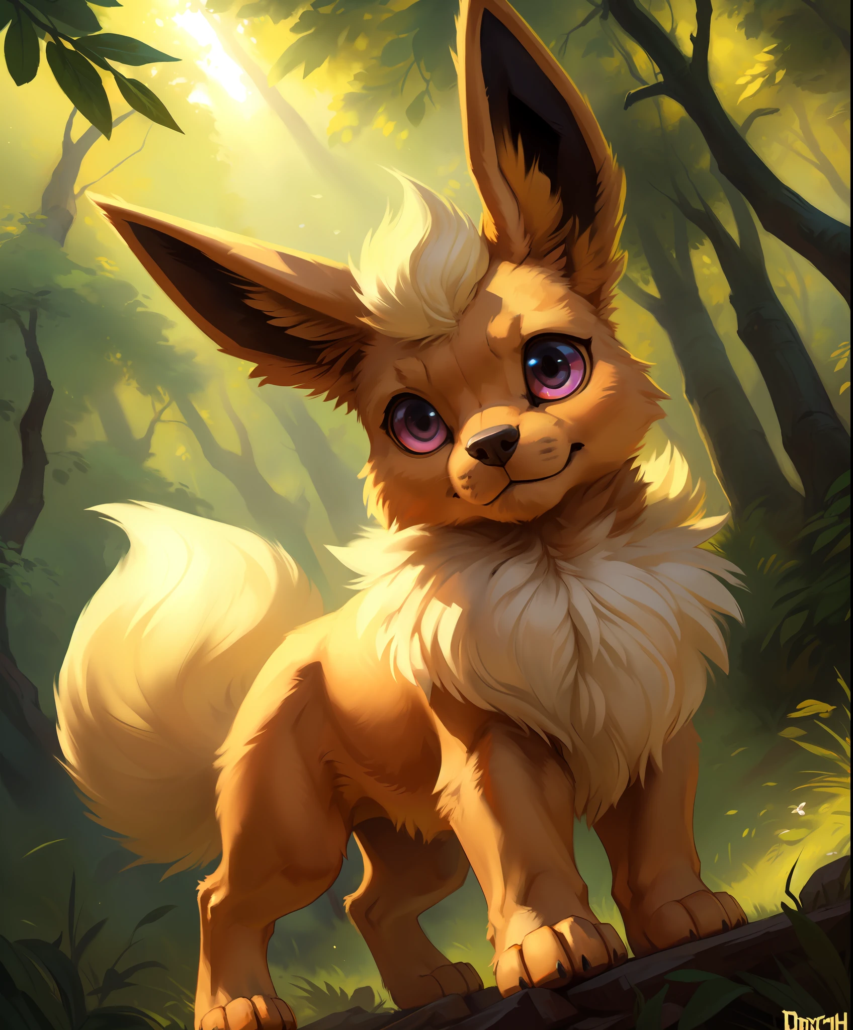 uploaded on e621, ((by Darkgem, by Colin Campbell Cooper, by Foxovh, by Kenket)), solo chibi (quadruped feral:1.4) ((Flareon)) with ((dark yellow body)) and ((clear dark magenta eyes)) and ((white tuft)) and (light yellow fluffy tail), (detailed Flareon), ((detailed fluffy fur)), (full-length portrait, looking at viewer, three-quarter view, [low-angle view]:1.2), BREAK, (detailed background, depth of field, half body shadow, sunlight, ambient light on the body), (intricate:0.7), (high detail:1.2), (unreal engine:1.3), (sharp focus:1.1), [explicit content, questionable content], (masterpiece, best quality, 4k, 2k, shaded, absurd res)