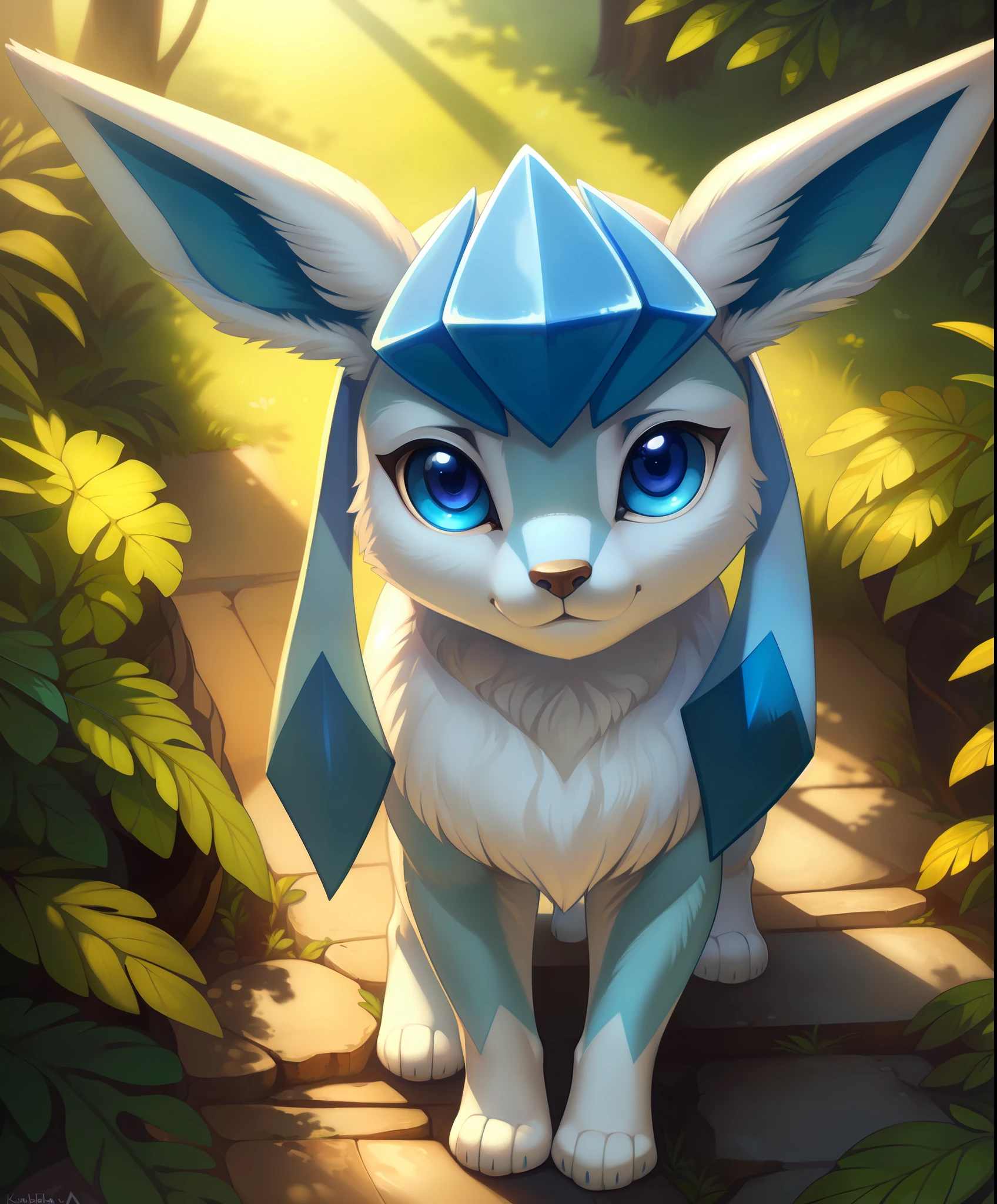 uploaded on e621, ((by Fernand Toussaint, by Julie Bell, by Alphonse Mucha, by Dan Mumford, by Katsushika Hokusai)), solo chibi (quadruped feral:1.4) ((Glaceon)) with ((indigo body)) and ((clear indigo eyes)) and (blue dipstick tail), (detailed Glaceon), ((detailed fluffy fur)), (half-length portrait, looking away, front view, [high-angle view]:1.2), BREAK, (detailed background, depth of field, half body shadow, sunlight, ambient light on the body), (intricate:0.7), (high detail:1.2), (unreal engine:1.3), (soft focus:1.1), [explicit content, questionable content], (masterpiece, best quality, 4k, 2k, shaded, absurd res)