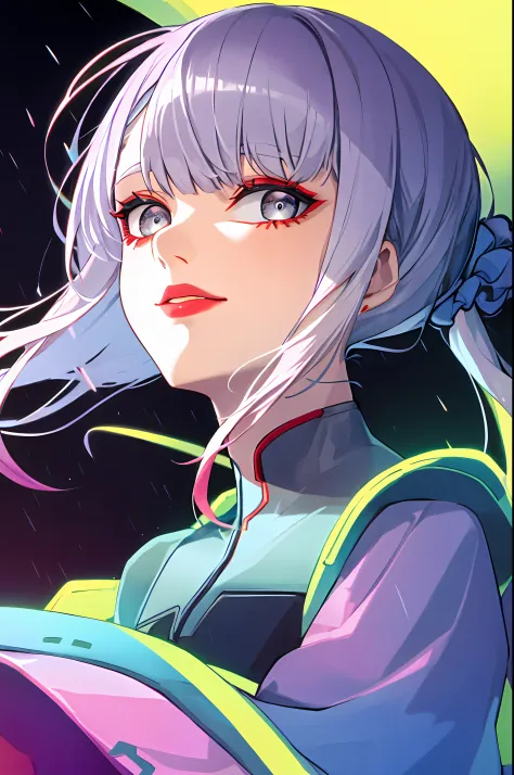 lucy \(cyberpunk\), 1girl, hair scrunchie, hime cut, silver hair, colored tips, full moon, grey eyes, jacket, long sleeves, look...