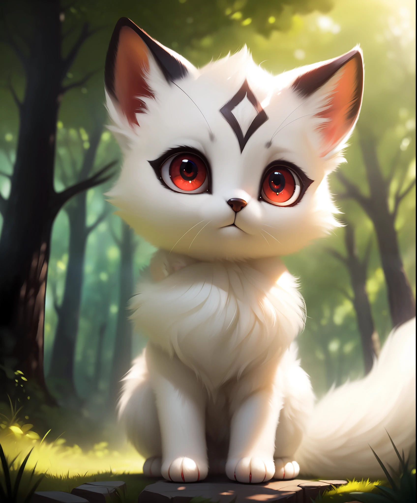 uploaded on e621, ((by Relevancy, by S1M, by Vivian Maier, by Silverfox5213)), solo (quadruped feral:1.4) chibi (((Kirara \(Inuyasha\)))) with ((white body)) and (two tails, inner fluff ear, cheek tuft) and ((clear red eyes)), (detailed Kirara \(Inuyasha\)), ((detailed fluffy fur)), (three-quarter portrait, looking away, front view, [low-angle view]:1.2), BREAK, (detailed background, depth of field, half body shadow, sunlight, ambient light on the body), (intricate:0.7), (high detail:1.2), (unreal engine:1.3), (sharp focus:1.1), [explicit content, questionable content], (masterpiece, best quality, 4k, 2k, shaded, absurd res)