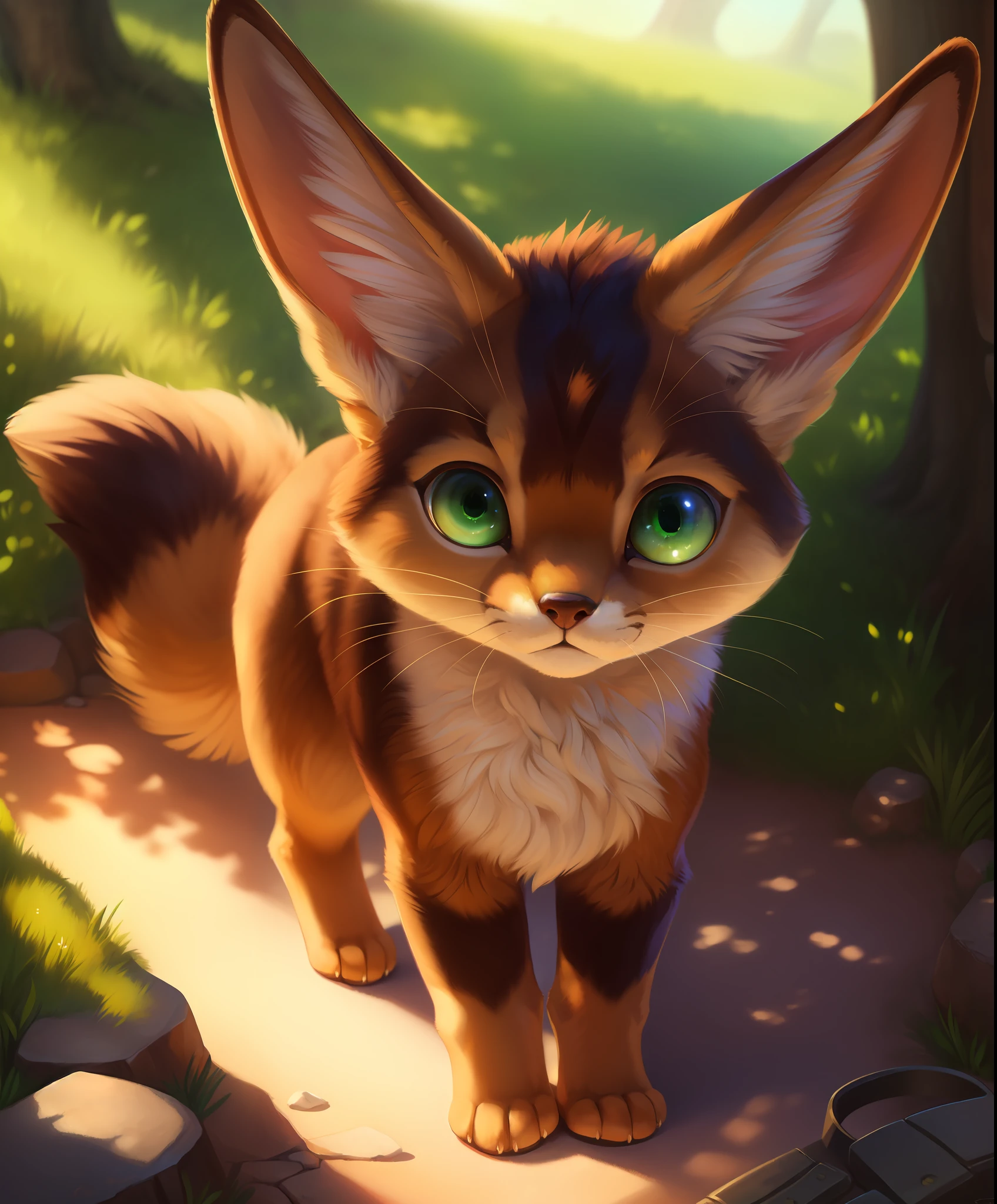 uploaded on e621, ((by Sabretoothed Ermine, by Supplesee, by Joaqun Sorolla)), solo (quadruped feral:1.4) chibi (((Teto \(ghibli\)))) with ((brown body)) and (fluffy tails, inner fluff ear, cheek tuft, fennec ears) and ((clear green eyes)), (detailed Teto \(nausicaa\)), ((detailed fluffy fur)), (full-length portrait, looking away, front view, [high-angle view]:1.2), BREAK, (detailed background, depth of field, half body shadow, sunlight, ambient light on the body), (intricate:0.7), (high detail:1.2), (unreal engine:1.3), (soft focus:1.1), [explicit content, questionable content], (masterpiece, best quality, 4k, 2k, shaded, absurd res)