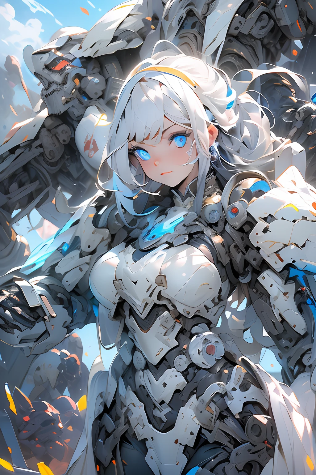 (masterpiece), (best quality), 1girl, beautiful girl, female warrior, battle field, white armor, exoskeleton, mecha, mechanical armor, blue eyes, cinematic light