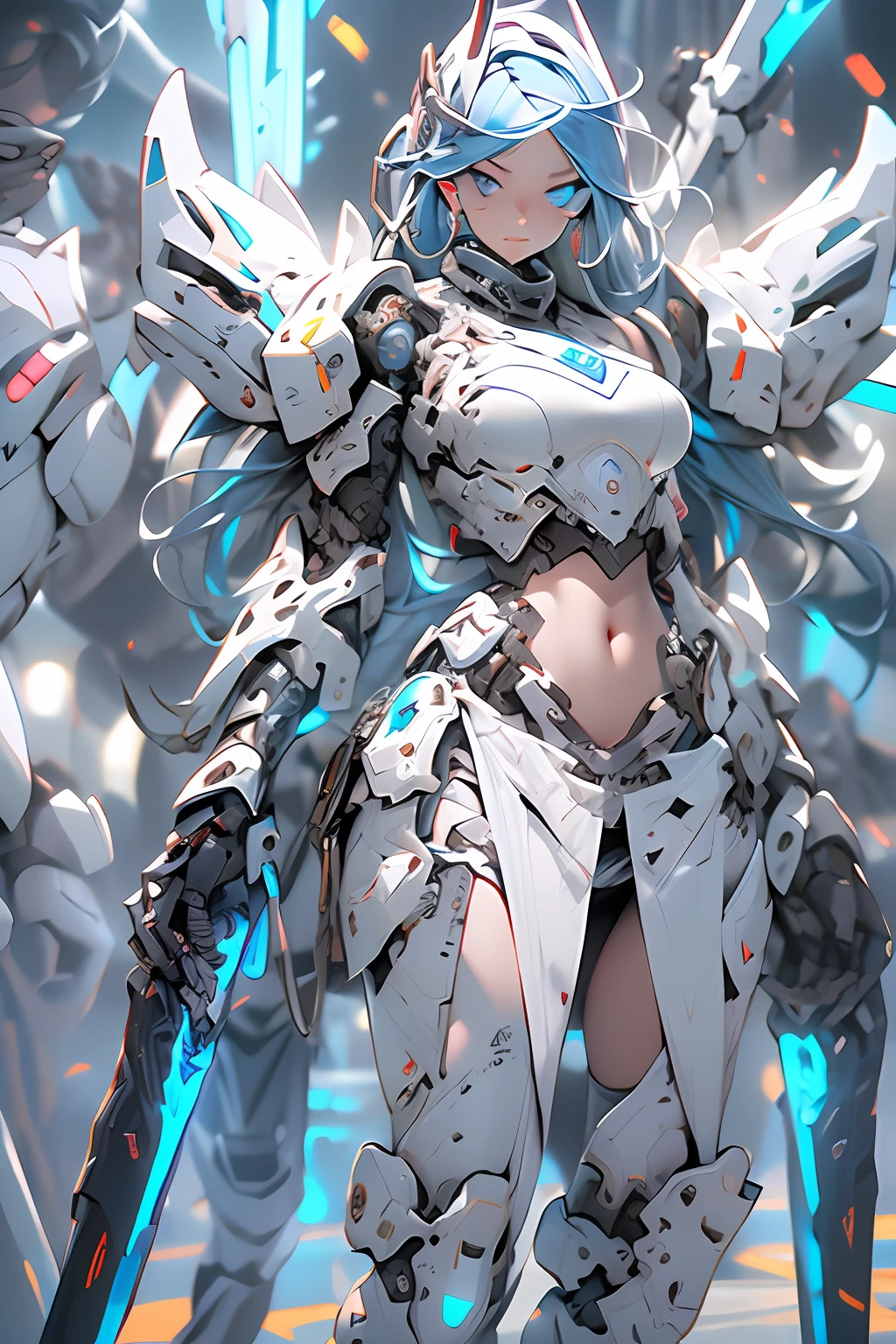 (masterpiece), (best quality), 1girl, beautiful girl, female warrior, battle field, white armor, exoskeleton, mecha, mechanical armor, blue eyes, cinematic light