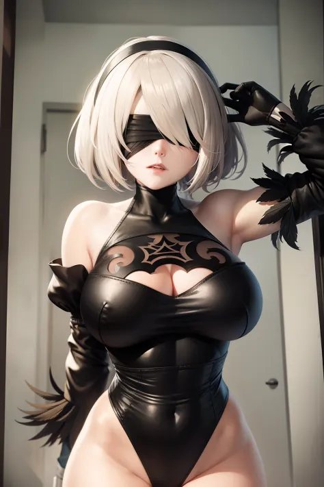 masterpiece, best_quality, 1girl, solo, yorha no. 2 type b, black blindfold, blindfold, wide hips, thick thighs,