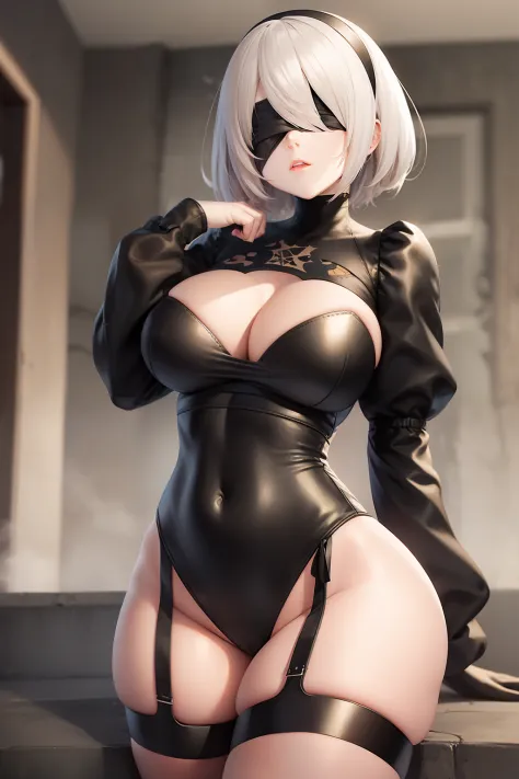 masterpiece, best_quality, 1girl, solo, yorha no. 2 type b, black blindfold, blindfold, wide hips, thick thighs,