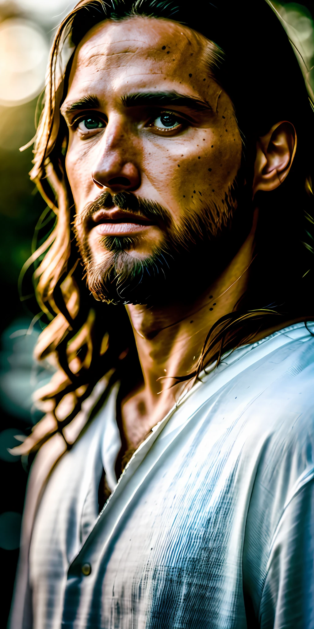 portrait of modern day Jesus, cinematic lighting, depth of field, bokeh, realism, photorealistic, hyperrealism, professional photography, uhd, dslr, hdr