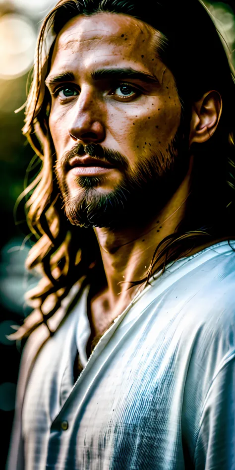 portrait of modern day jesus, cinematic lighting, depth of field, bokeh, realism, photorealistic, hyperrealism, professional pho...