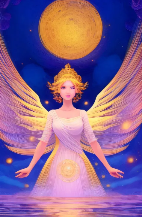 (ethereal)+, (graceful)+, (divine)+, (radiant)+, a celestial body，dressed in flowing white robes and glittering wings, a calm ex...