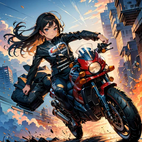 (Masterpiece, Best quality:1.2),80shair。，Oil brush strokes， (the motorcycle, Radial tires, wheelie:1.4), Girl riding super cool ...