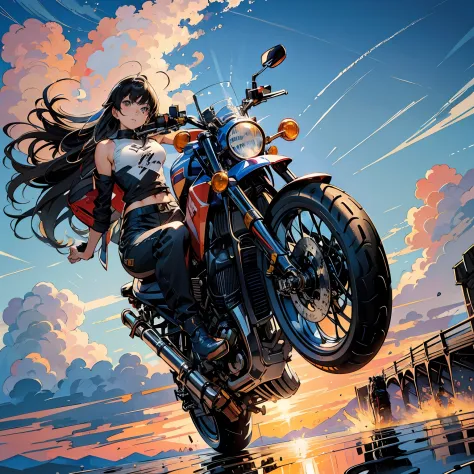 (Masterpiece, Best quality:1.2),80shair。，Oil brush strokes， (the motorcycle, Radial tires, wheelie:1.4), Girl riding super cool ...