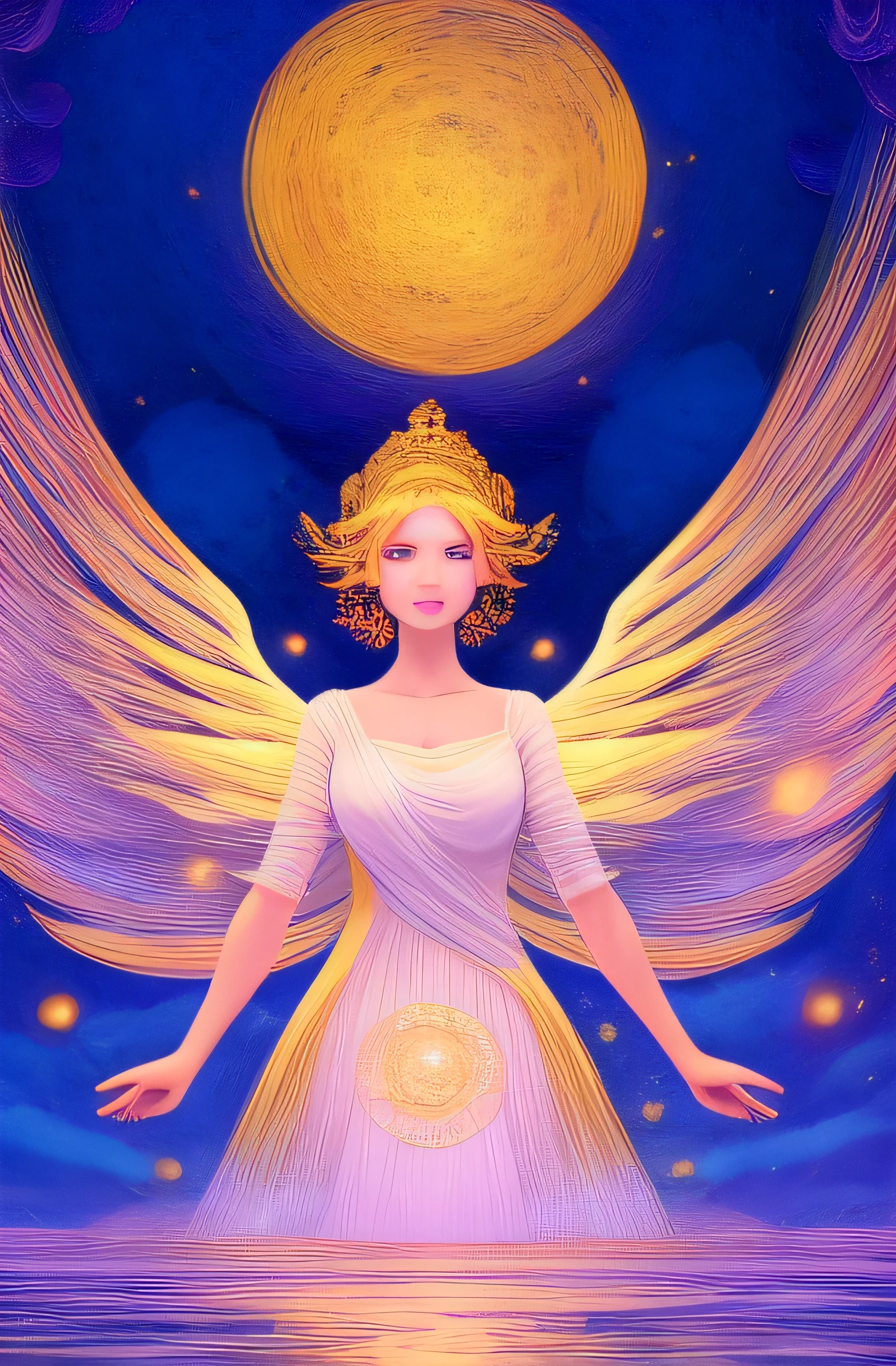 (Ethereal)+, (Graceful)+, (Divine)+, (Radiant)+, A celestial body，Dressed in flowing white robes and glittering wings, A calm expression on her face, A golden halo glows above her head, Surrounded by a soft glow, Delicate facial features and gentle demeanor, Convey a sense of peace and purity, Inspire awe and wonder by those who see her presence ，coils， illustration， Dream