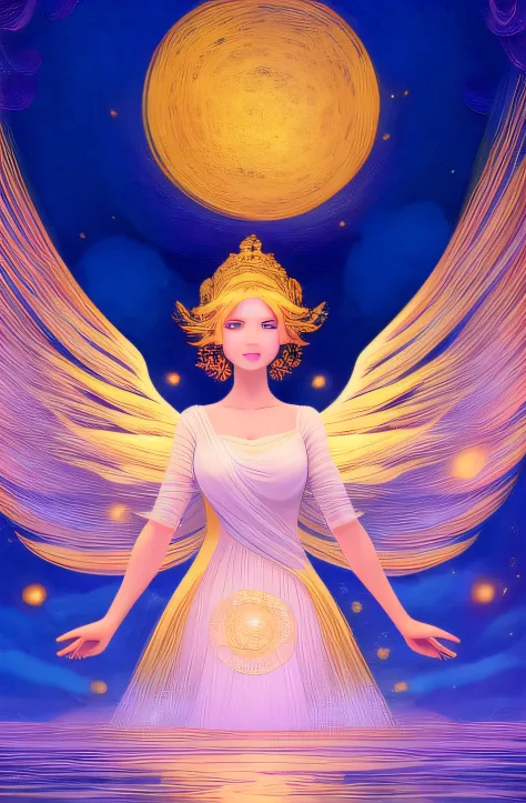 (ethereal)+, (graceful)+, (divine)+, (radiant)+, a celestial body，dressed in flowing white robes and glittering wings, a calm ex...