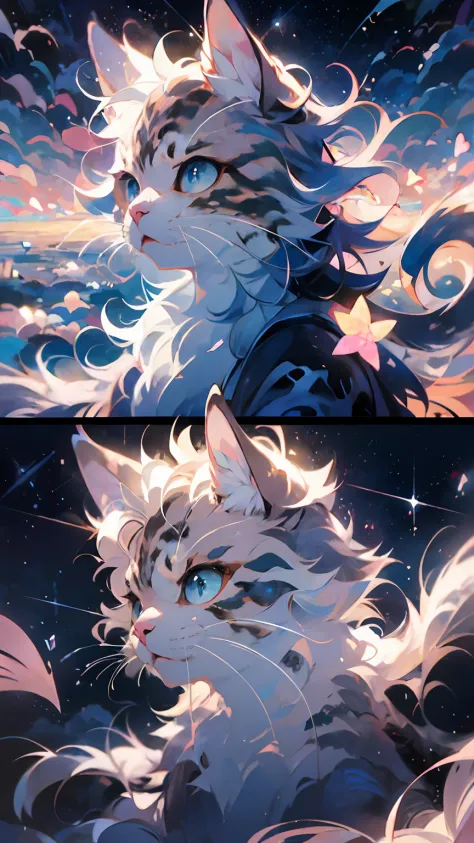 anime cat with blue eyes and stars in the background, anime cat, anime visual of a cute cat, realistic anime cat, cute detailed ...