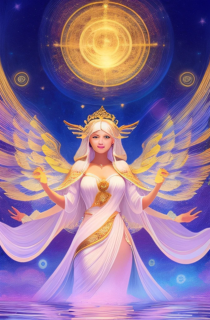 (Ethereal)+, (Graceful)+, (Divine)+, (Radiant)+, A celestial body，Dressed in flowing white robes and glittering wings, A calm expression on her face, A golden halo glows above her head, Surrounded by a soft glow, Delicate facial features and gentle demeanor, Convey a sense of peace and purity, Inspire awe and wonder by those who see her presence ，coils， illustration， Dream