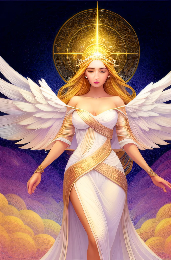 (Ethereal)+, (Graceful)+, (Divine)+, (Radiant)+, A celestial body，Dressed in flowing white robes and glittering wings, A calm expression on her face, A golden halo glows above her head, Surrounded by a soft glow, Delicate facial features and gentle demeanor, Convey a sense of peace and purity, Inspire awe and wonder by those who see her presence ，coils， illustration， Dream