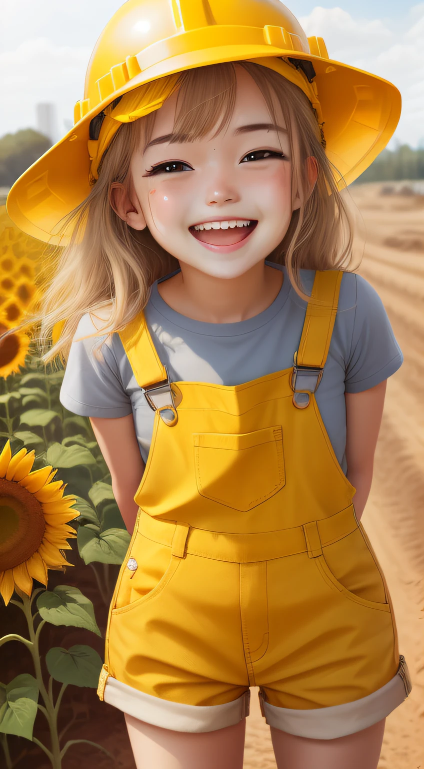 ((Laugh happily)), bit girl,Take a brick，Nature,Wearing yellow overalls, Wear a yellow hard hat, Wear yellow work boots，Sunflowers behind you， Work on construction sites, Sunlight shines on the face, Sweat on the face, wearing DRK_glam, No_Humanity, Depth of field, TO8 contrasting style shadows, (Dark: 0.8), (8K, RAW photo, Best quality, Masterpiece: 1.2)