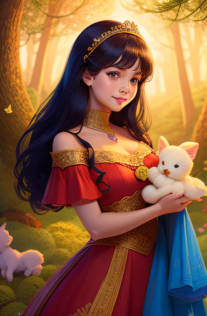 a young princess with fair skin and dark hair, wearing a vibrant blue and yellow gown, a red ribbon adorning her hair, lips as red as a rose, surrounded by woodland creatures, a gentle smile on her face, radiating kindness and innocence, capturing the magic and charm of this beloved fairytale character ，coils， illustration， dream