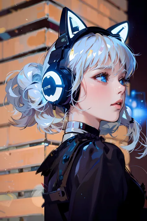 blond haired woman with headphones and cat ears posing for a picture, cyborg - girl with silver hair, anime girl cosplay, anime ...