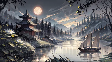 scenery，masterpiece,best quality,Chinese martial arts style,an asian night scene with lanterns and water lilies,asian pond with ...