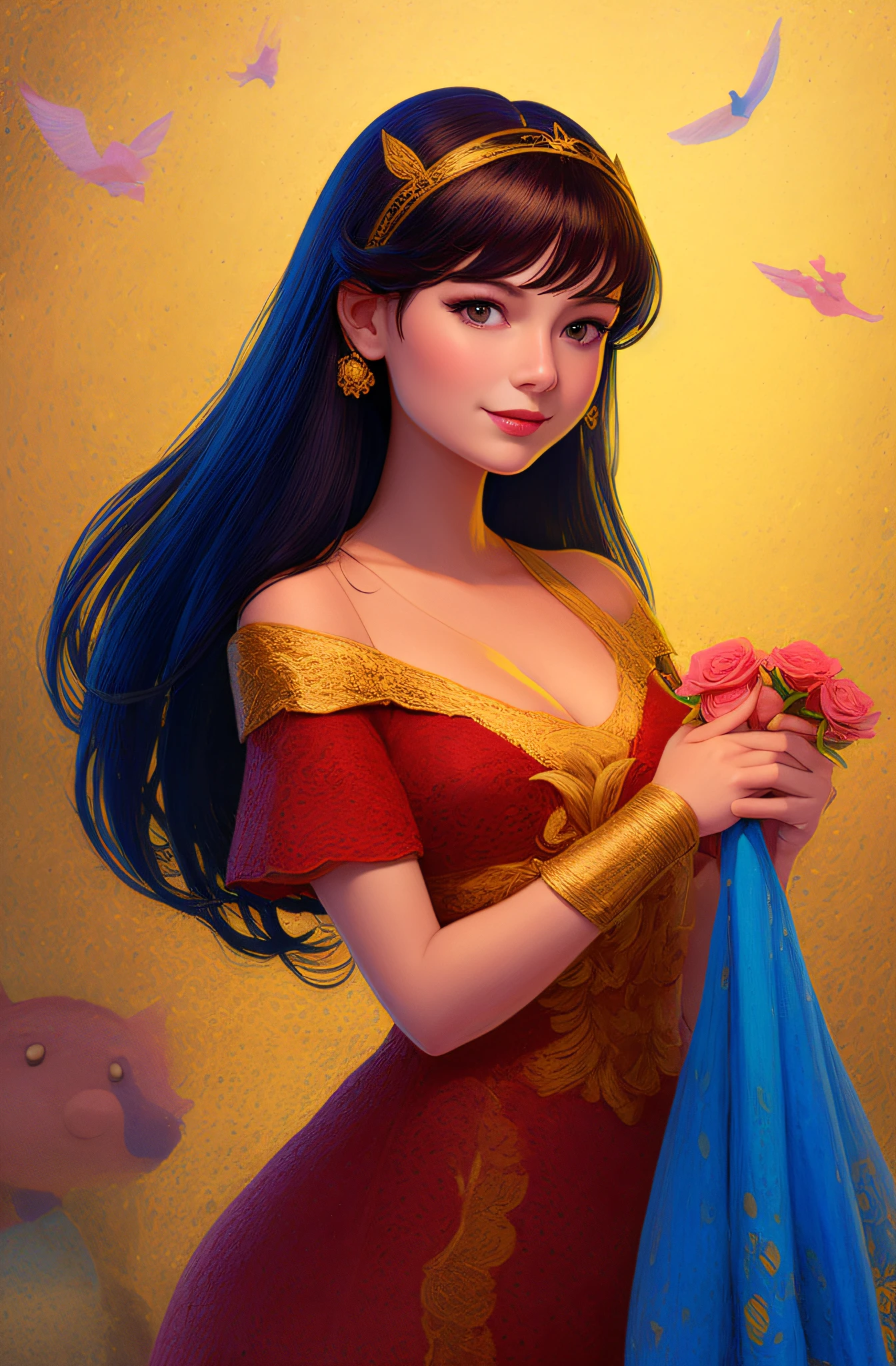 with fair skin、Young princess with dark hair, Wear vibrant blue and yellow dresses, A red ribbon adorned her hair, The lips are red as roses, Surrounded by woodland creatures, A gentle smile appeared on her face, Exudes kindness and innocence, Capture the magic and charm of this beloved fairy tale character ，coils， illustration， Dream