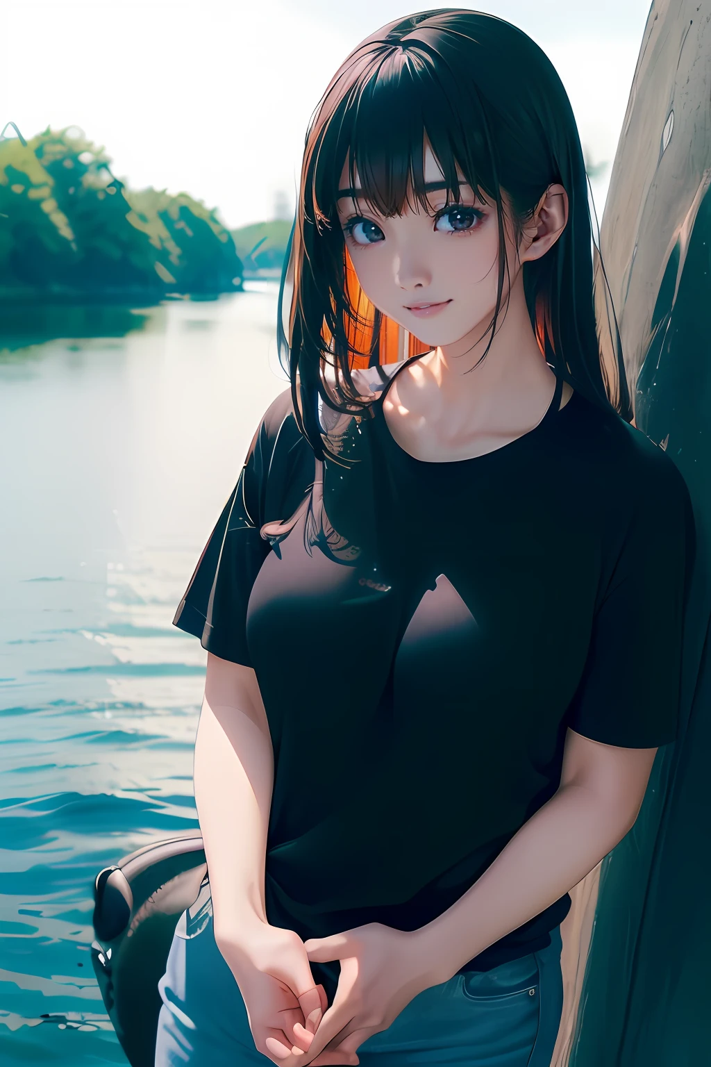 (((Holding a large Black Bass with both hands and protruding forward))),((Best Quality, 8K, masutepiece :1.3)),(Japan girls at 25 years old),Wearing a black t-shirt and jeans,Black hair, by lake, longeyelashes, Solid Circle Eyes, lightsmile,drop shadow, Atmospheric perspective, 8K, Super Detail, Best Quality,