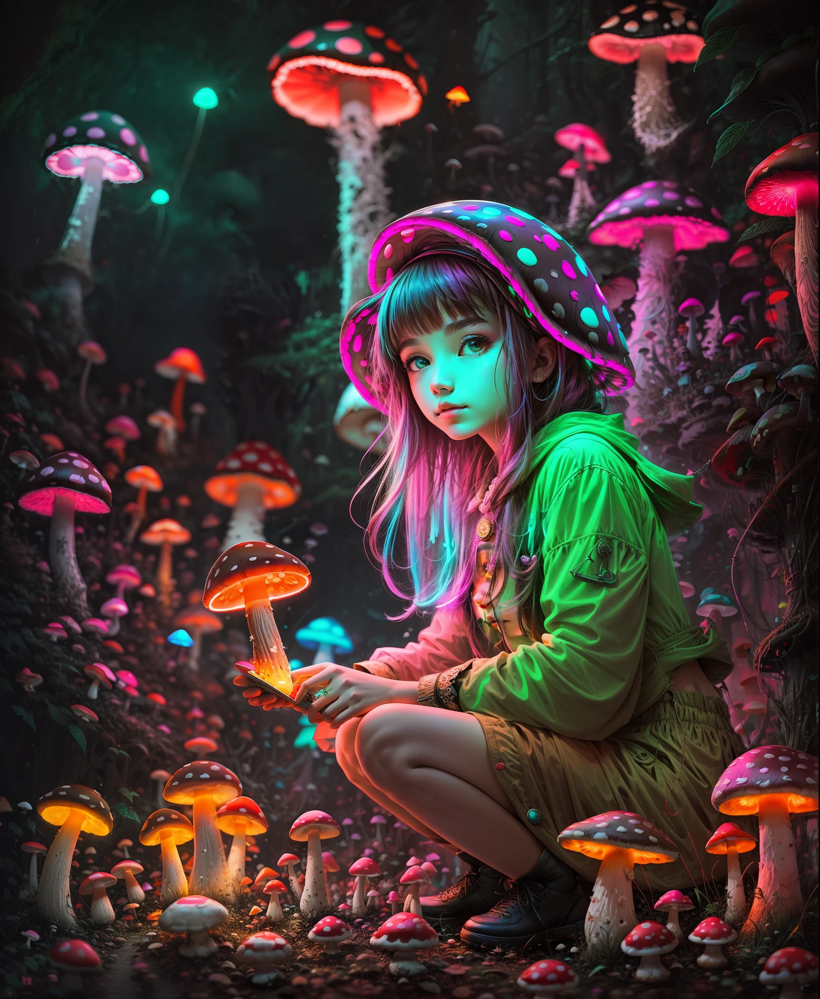 1girl and many neon mushrooms,shroom