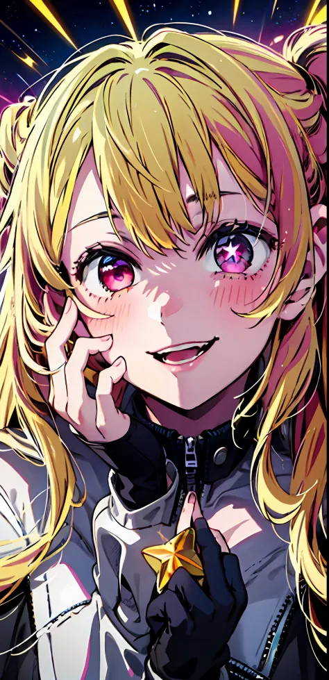 Original Character ， 1girl， （mad smile：1.2） ， blond hairbl ， By bangs ， Mad eyes ， Place your hands on your face ， Yellow and bl...