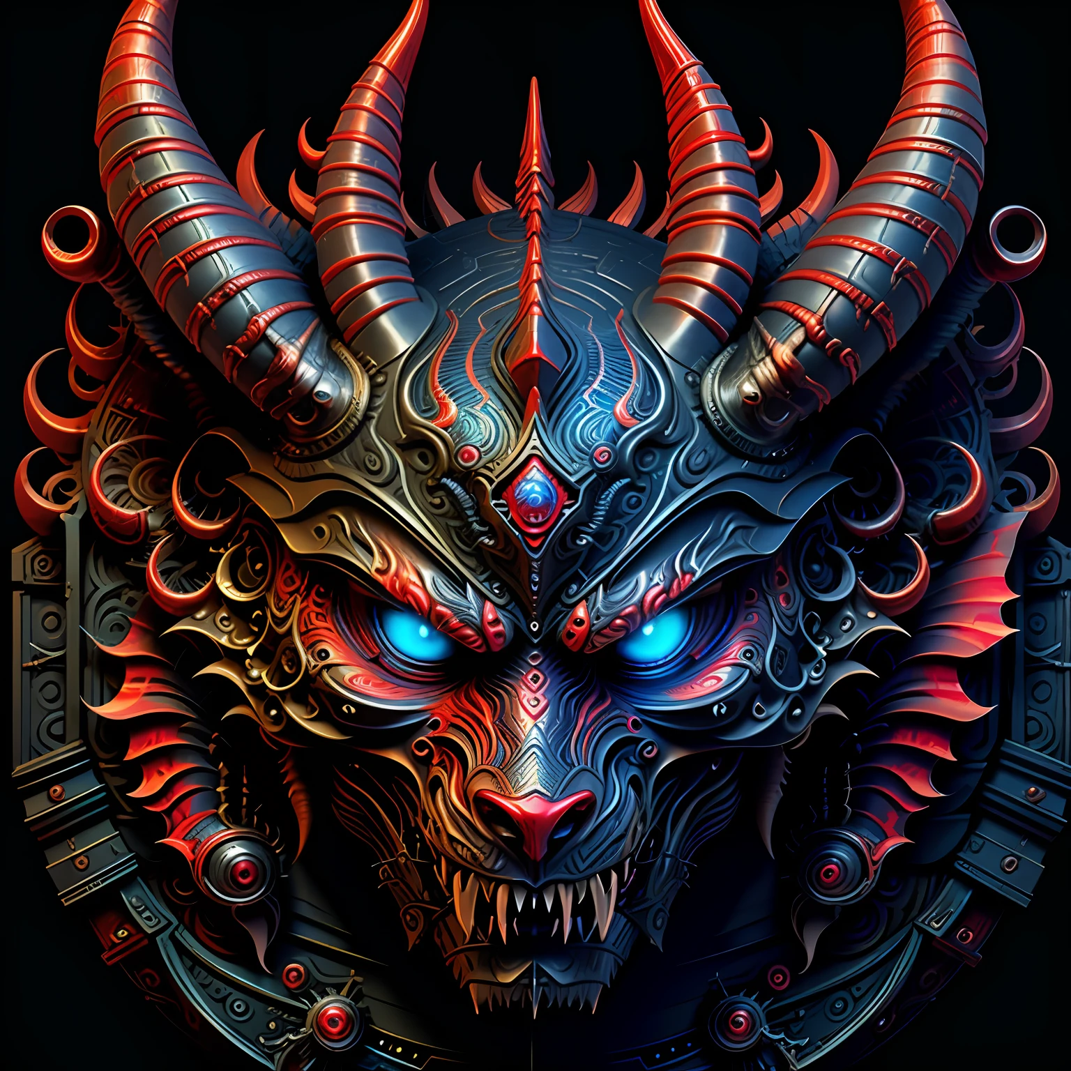 A w44p3n of a blue and red silver demon in front of a black background, opulent, 4K, insanely details