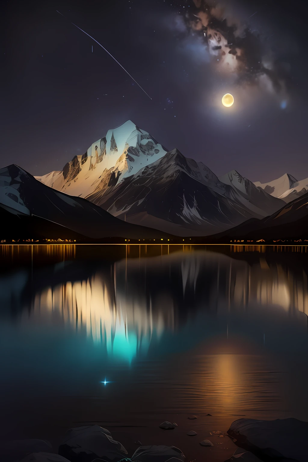 Uma noite clara e cheia de estrelas。brilhantemente，luz extrema，via Láctea，Uma lua gigante atrás das montanhas。Um lago tranquilo reflete a noite。cena realista，o detalhe，Fotorrealismo fotorrealista，8K