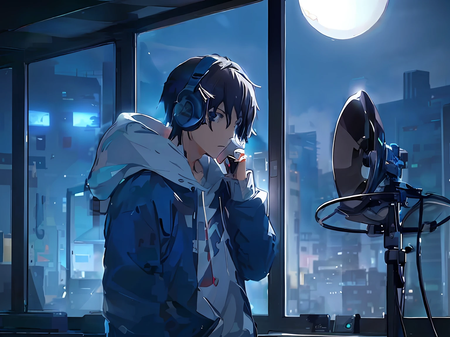 anime boy in a recording studio with headphones on, and a cell phone in hand, night core, Anime Wallpaper 4k, 4k anime wallpapers, arte anime de alta qualidade, Papel de parede anime 4k, Anime Art Wallpaper 8K, Anime Wallaper, Makoto Shinkai. —h 2160, Estilo Makoto Shinkai, Elogio Artstyle, Makoto Shinkai!!