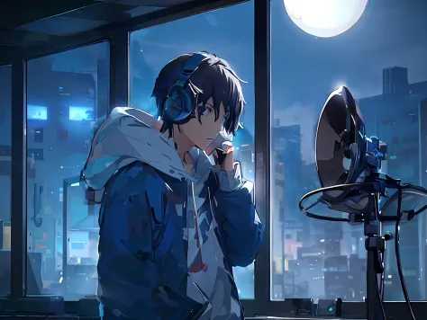 anime boy in a recording studio with headphones on, and a cell phone in hand, night core, Anime Wallpaper 4k, 4k anime wallpaper...