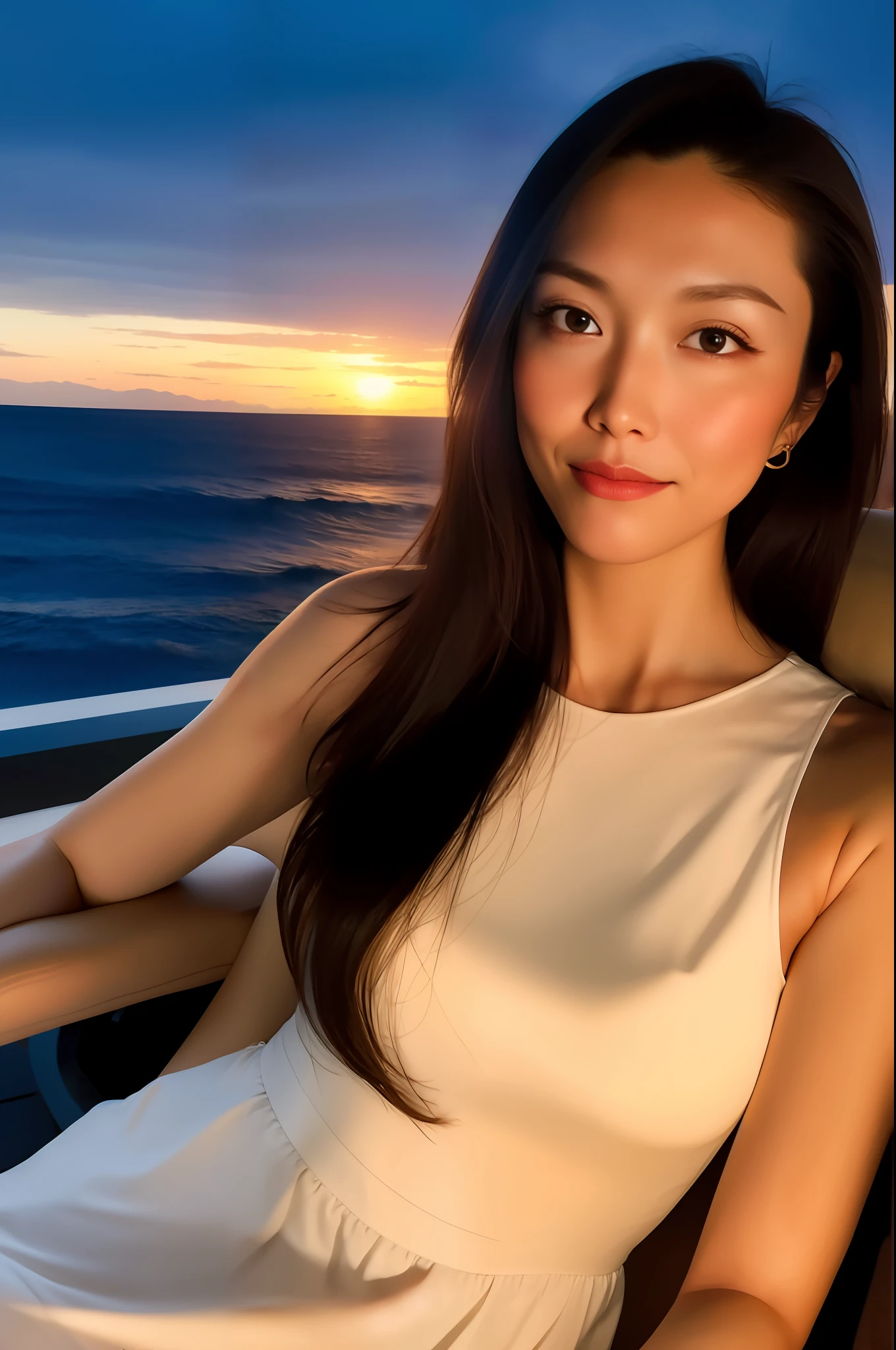 (front focus), (masterpiece, top quality, best, official art, beauty and aesthetics: 1.2), 1 girl lying on beach chair looking up at the night sky, sad, sitting by the sea, beach, night, looking up, sunset, sunset, looking at the sky in distraction, wearing long skirt, long white dress, (bust photo: 1.5), dynamic pose, original photo, contemporary aesthetics, hard light, backlight, original photo, sharp focus, photorealistic feeling, cinematic lighting, volumetric lighting,