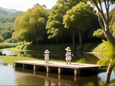 夏天，Beautiful scenery by the river，Chubby toddler wearing cute vest、shorter pants、slippers，Holding a fishing net，Fishing by the p...