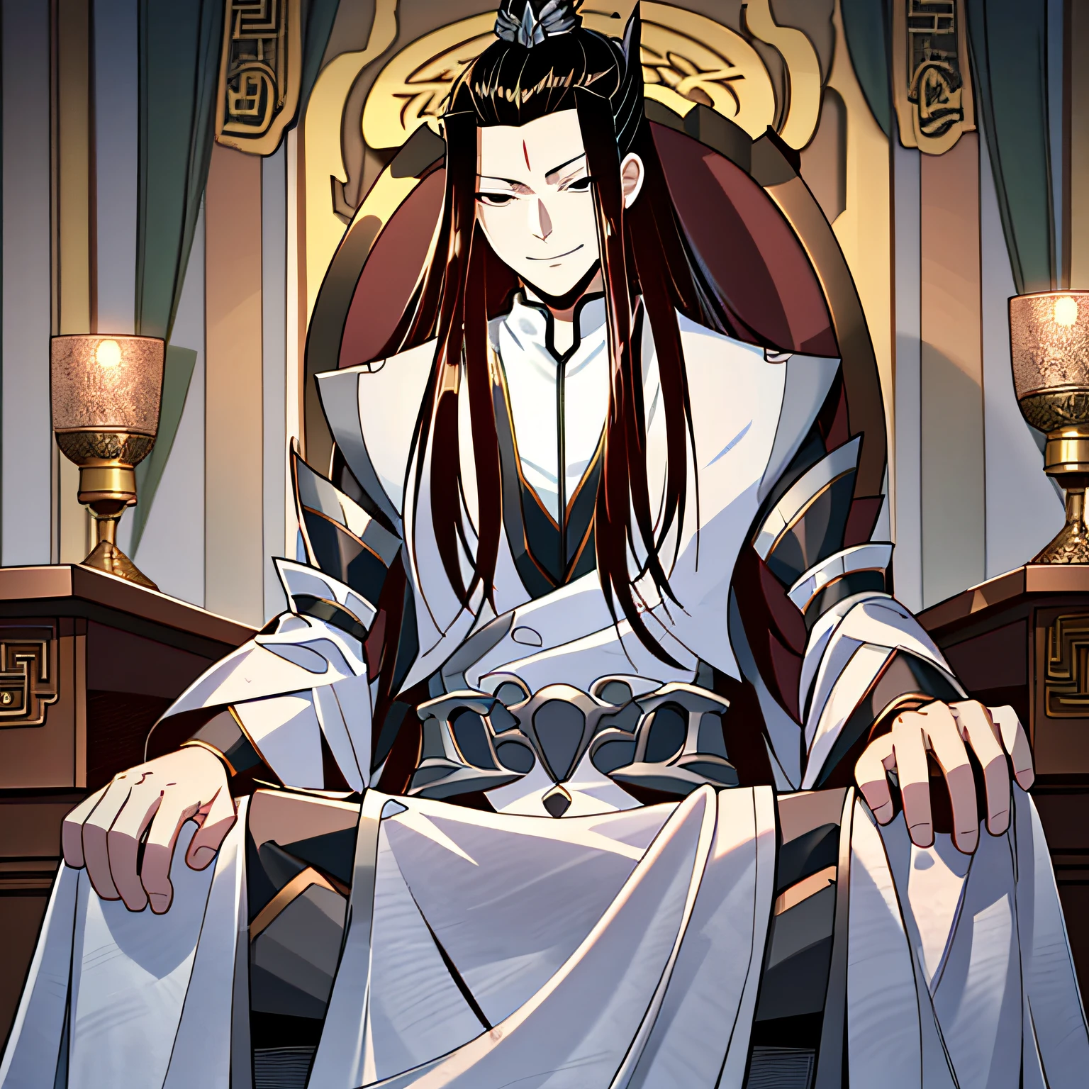 high quality, masterpiece,detailed, gu changge, chinese clothes, black eye,s hanfu male, menacing smile, sitting on throne, dynamic lighting, dark lighting