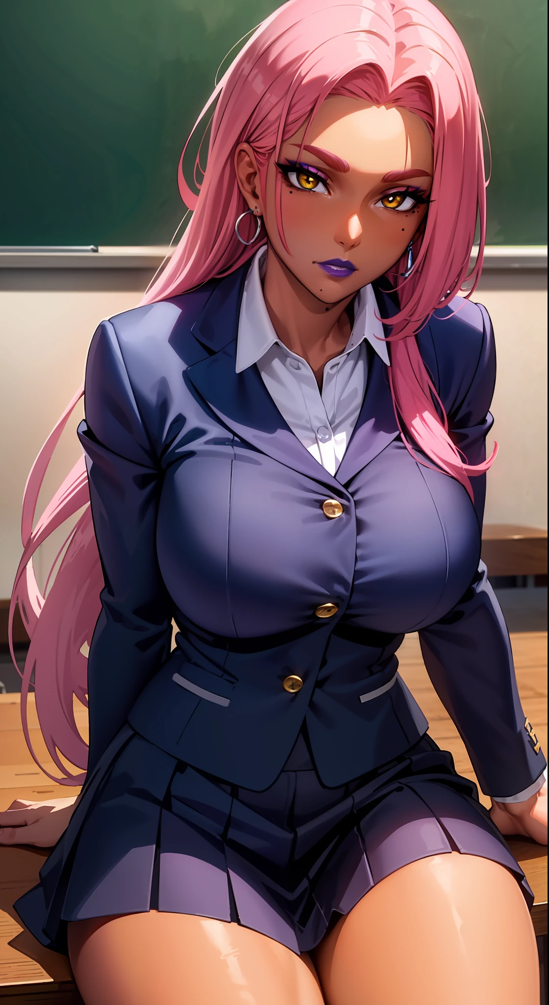 (masterpiece, highres, best quality:1.3), 8K, highly detailed, intricate, colorful, vibrant image, sharp focus, digital blending, 4K, trending on pixiv Ingrid, ((mid high school uniform)), solo, mature female, 40yo, milf, curvy, (dark skinned female:1.15), dark skin, posing, classroom, book, book on table, sitting on chair, leaning to table, (caring look:1.2), looking at viewer, cowboy shot, pink hair, very long hair, forehead, hair intakes, purple lipstick, makeup, mole under mouth, yellow eyes, perfect eyes, perfect face, ultra detailed hair, ultra detailed face, earrings, ultra detailed lips, large breasts, ultra detailed lipstick,