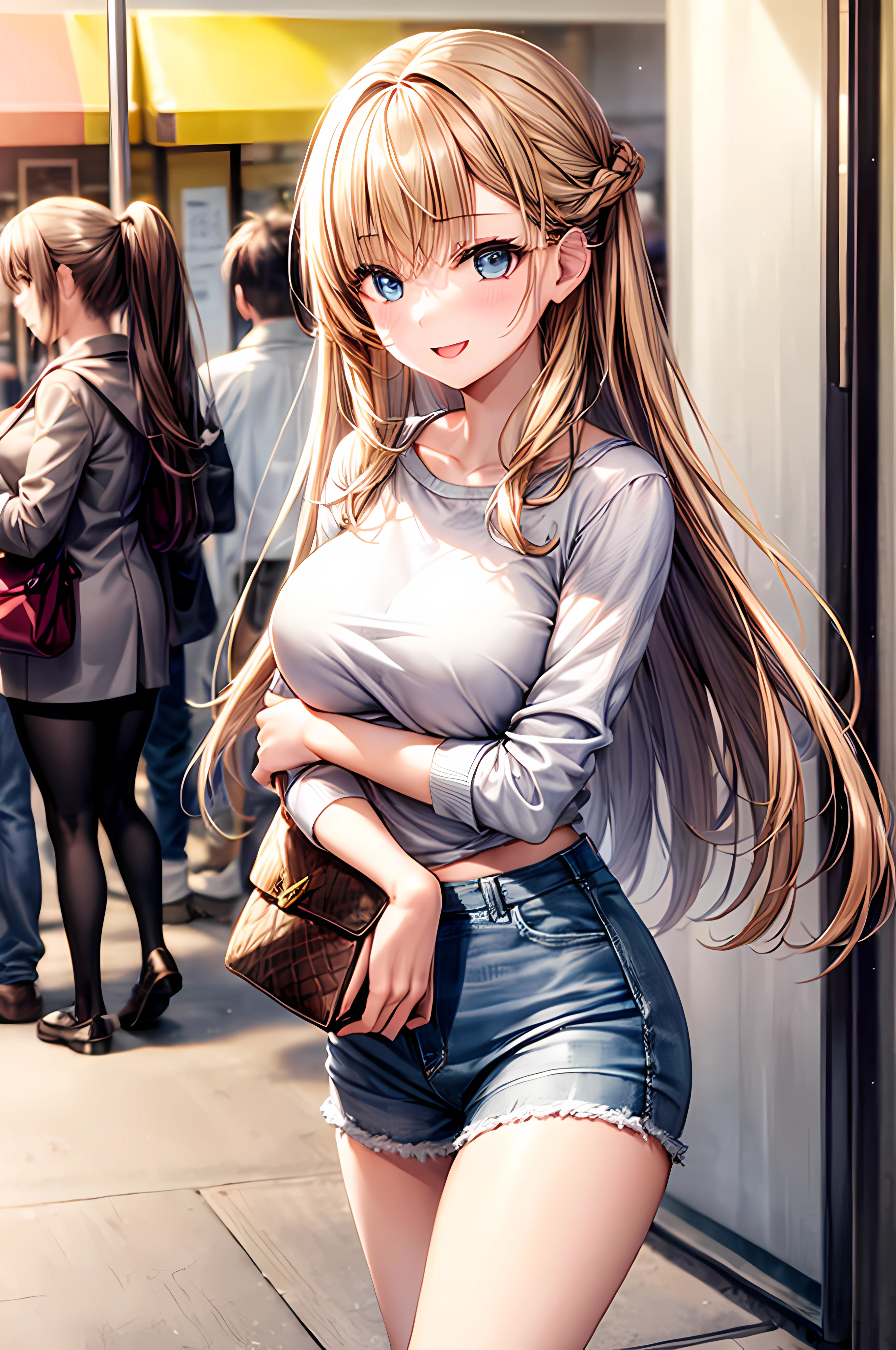 1girl, medium breast, brown yellow hair, korean hair bangs, long hair, blue eyes, casual outfit, perfect body, focus face, tokyo city, looking at the viewer, smile, add_detail:1