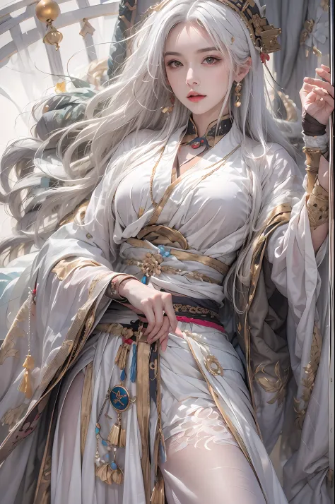 photorealistic, high resolution, 1women, solo, hips up, look at viewer, (detailed face), white hair, long hair, Taoist robe,over...