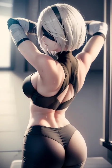 yorha no. 2 type b, sweat, short hair, from behind, ass, pants, bandages,  black hairband, blindfold, covered eyes, bare shoulders, back, black blindfold, indoors, hairband, exercise, solo, 1girl, white hair, sports bra, gym