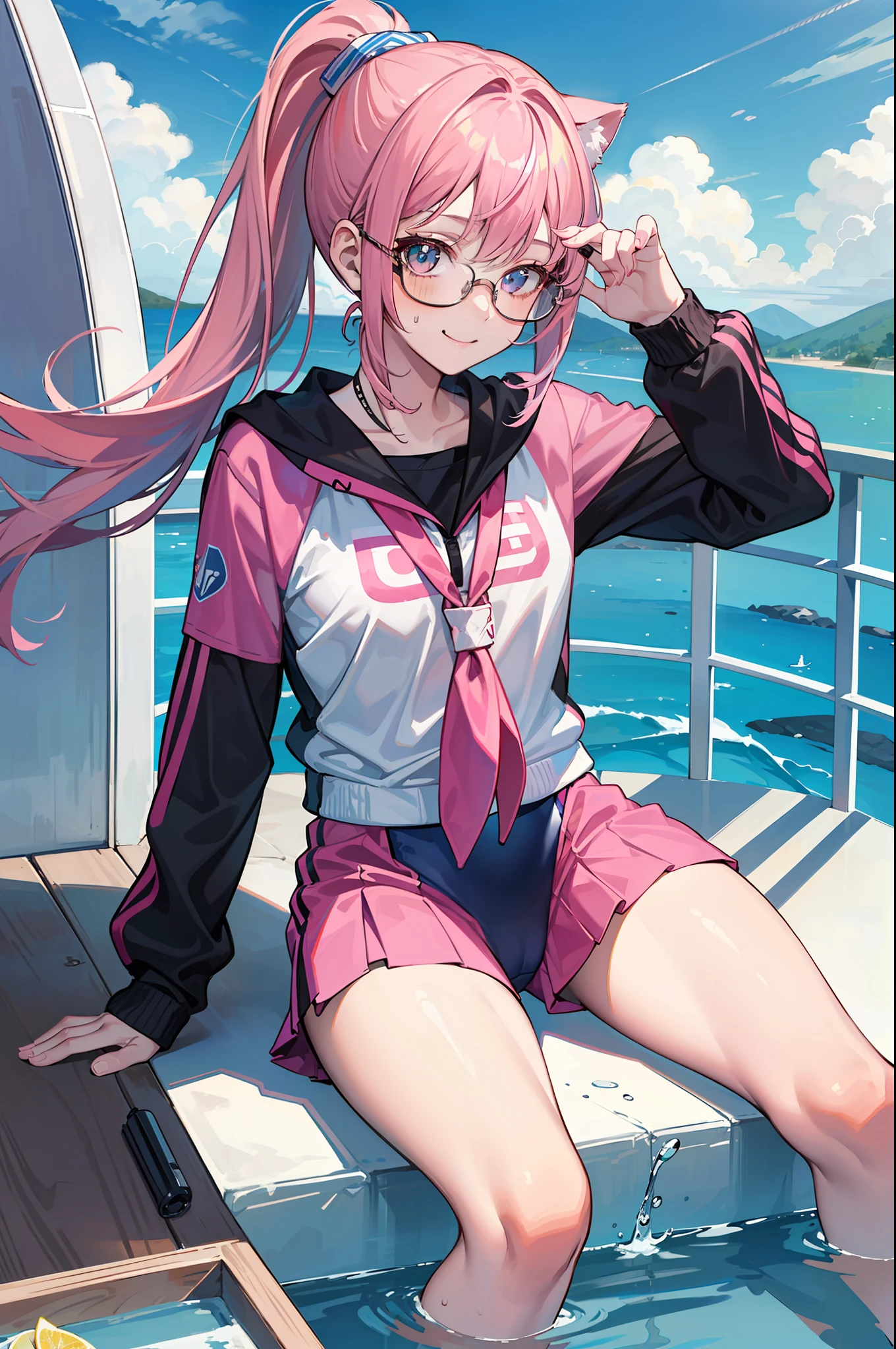 8K, (ultra - detailed), teens girl，quadratic element，Pink hair，wears glasses，swimming uniform，sitted，Drinking a juice，High ponytail，ssmile，best qualtiy，cat ear，(A masterpiece)，((high qulity))，((tmasterpiece))，