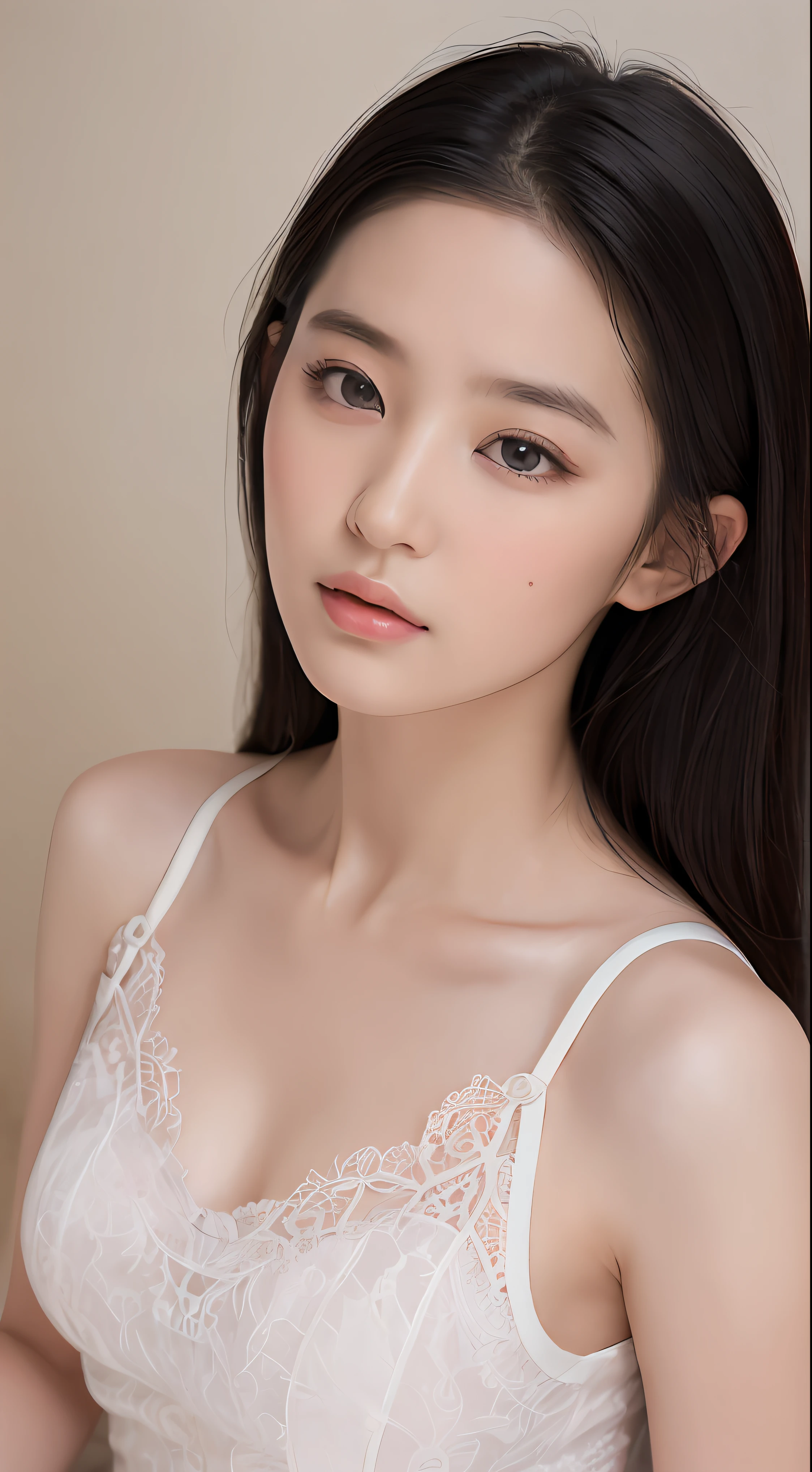 ((Top quality, 8k, Masterpiece: 1.3)), beauty, hidden face, 1 girl, beauty: 1.3, slender abs: 1.1, camisole vest, long black hair, (sitting on bed), ultra-detailed face, highly detailed lips, detailed eyes, double eyelids, pink lace suspenders,