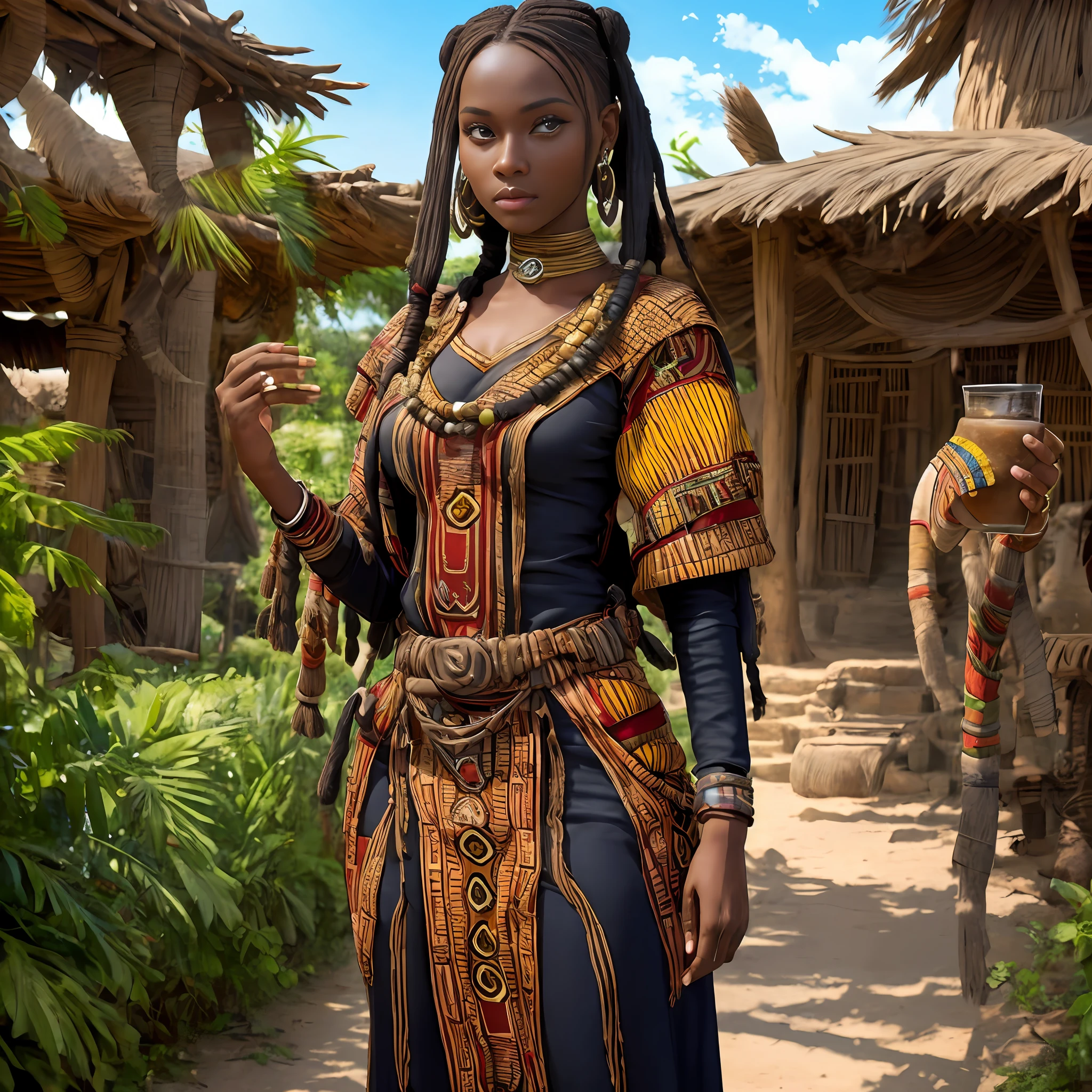 StarWars characters in the Kingdom of Kongo, African style, black skin, and African architecture, long clothes