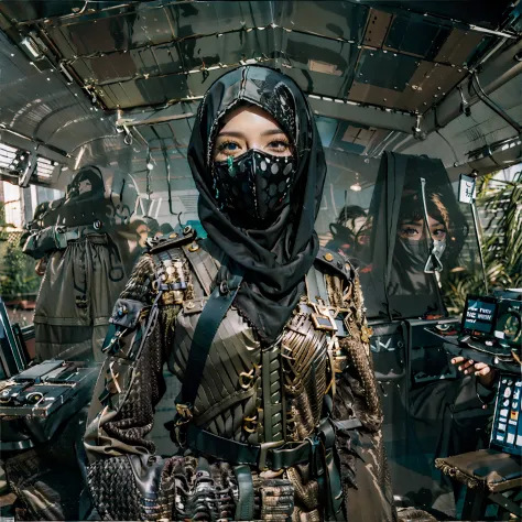 in a panoramic view，photorealestic，8K，Cyberpunk Arabian style，Arab Luxury Women's Military Academy，Luxurious décor，Fabric decoration，Weapon decorations， army car，fighter jets，helicoptere，Three beautiful Arab officers，Wearing the uniform of a modern Arab of...
