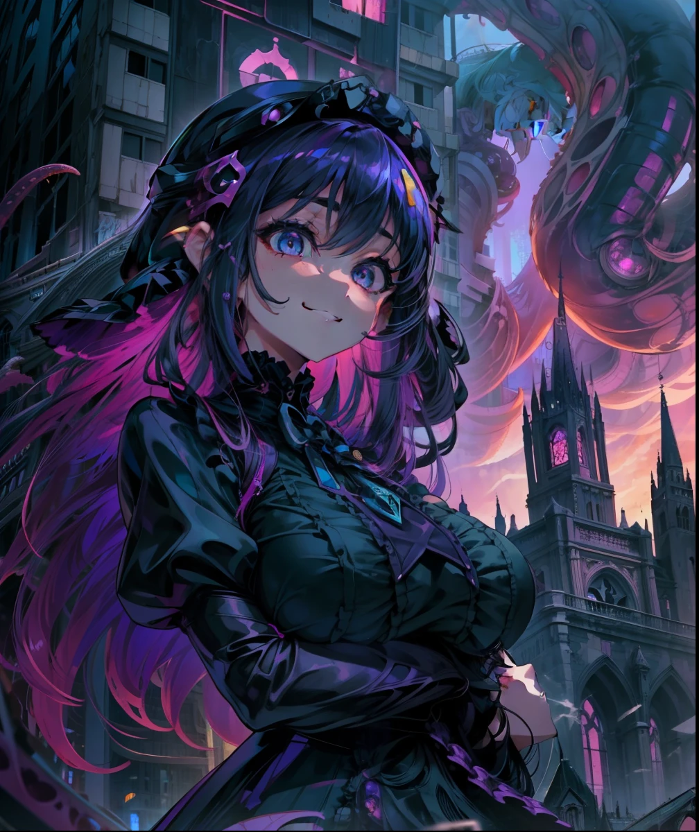 A huge beautiful girl is looking down on us from the top of the building. Girl leans out of the lake. Girl leaning from the roof of a building. Girl wears a purple Gothic Lolita style dress. The girl has a young vibe. Her eyes are huge. she is smiling. Wriggling tentacles. The building is an abandoned church.