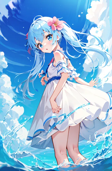 when an anime girl in a white dress stands in the sea、the hair flutters with the wind, loli in dress, cirno, lori, official artw...