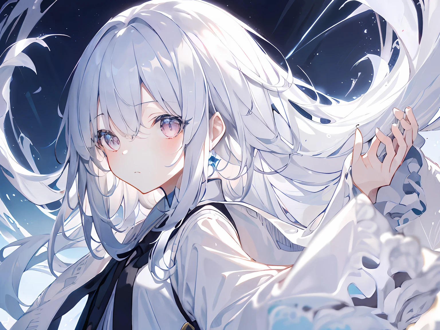 （Background with）， tmasterpiece， best qualtiy， illustration，  hyper-detailing，  1girll， 独奏，  beatiful detailed eyes，Heteropupil
Hair， long whitr hair， magical little girl，   Looks to the side， mostly cloudy sky，