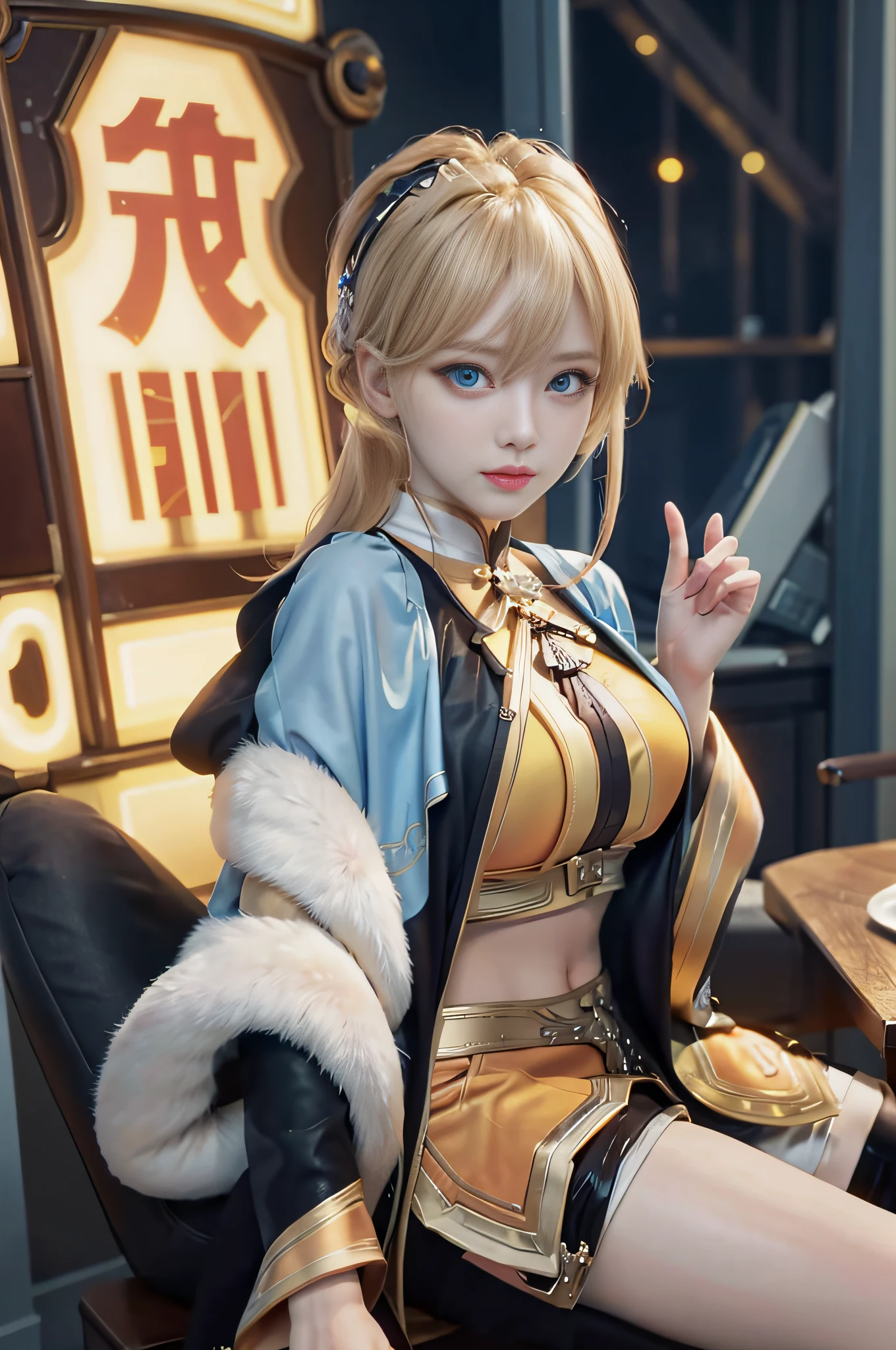 (Masterpiece, Best Quality, Big Breasts, Realism, Real, Photo: 1.4), Ji Xiaoman, Blonde, (Ulzzang-6500-V1.1:0.7), Very cute face, blue eyes, upper body, Big breasts, Real, photo